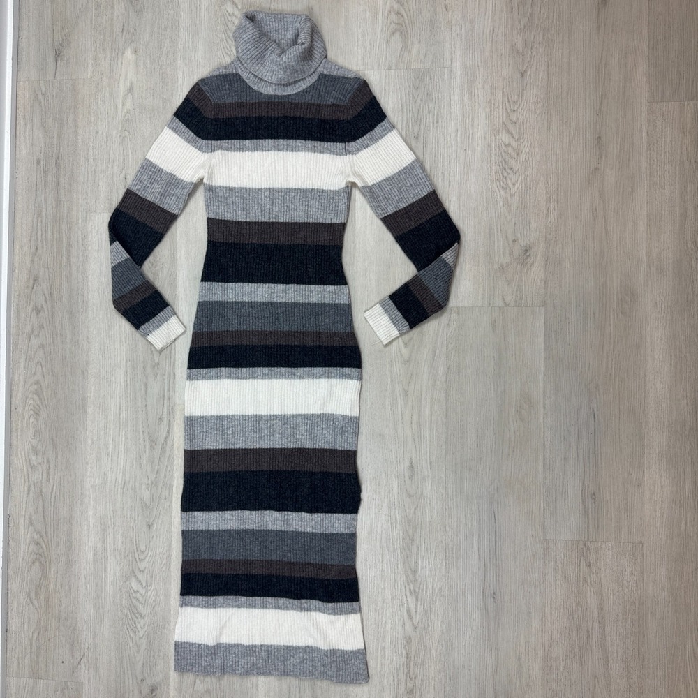 Charter Club Cashmere Turtleneck Midi Sweater Dress Womens XS Striped Black Gray